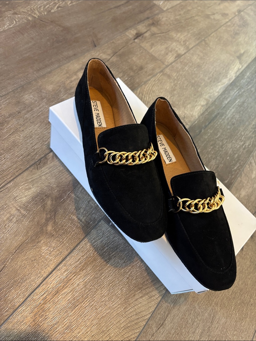 Steve Madden Black Suede Loafers with Gold Chain Accent